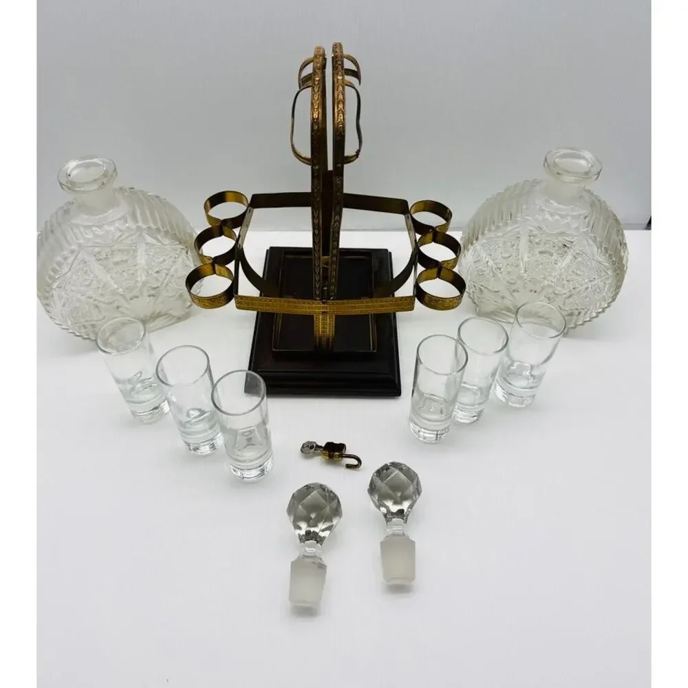 Vintage Cut Glass Decanter Set Brass Holder 6 Shot Glasses Wooden Base Barware